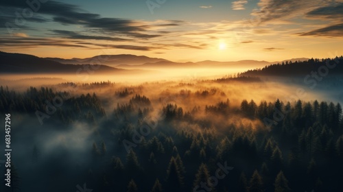 Top view of coniferous forest in autumn at sunset with fog, sunset, God Rays, autumn, drone view