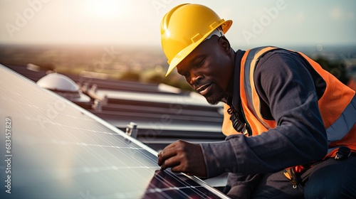 The aerial view of solar panel and engineer worker installing and checking maintain solar panel energy green system in the rooftop of building and home photo
