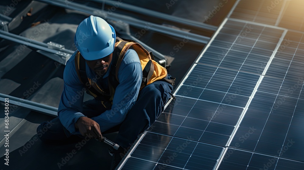 The aerial view of solar panel and engineer worker installing and checking maintain solar panel energy green system in the rooftop of building and home The aerial view of solar panel and engineer worker installing and checking maintain solar panel energy green system in the rooftop of building and home