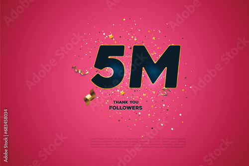 Blue golden 5M isolated on Pink background, Thank you followers peoples, 5k online social group, 6M