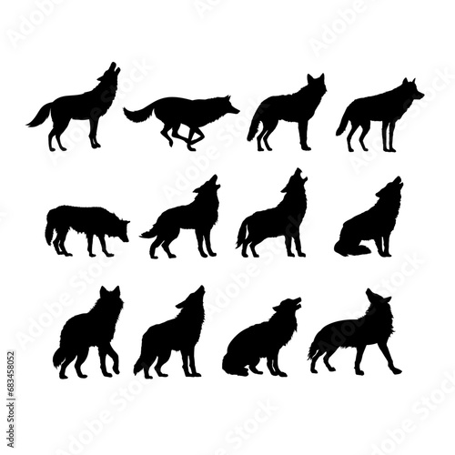 Set of wolf silhouettes. Wolf silhouette isolated. 
