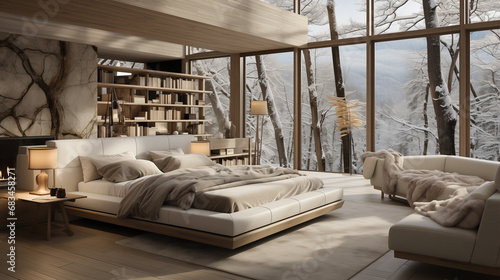 Interior design of a modern bedroom with a king-sized bed and a panoramic window.  © GEMES