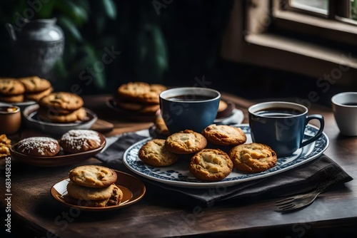 cokkie on the table in a plate with a cup of tea, photo