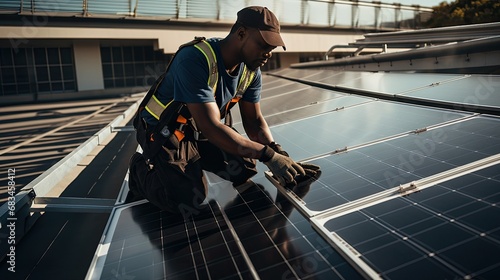 The aerial view of solar panel and engineer worker installing and checking maintain solar panel energy green system in the rooftop of building and home © kittikunfoto