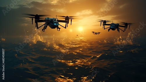 a hundred military drone battle over sea