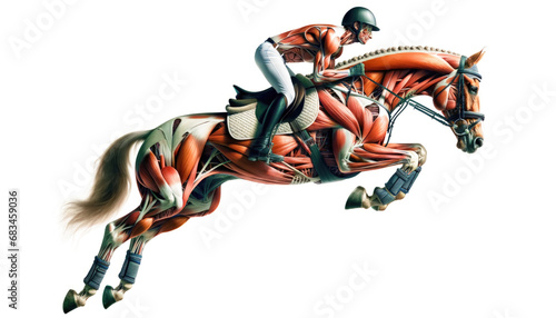 Illustration of Dummies figure anatomical man and animal in Equestrian sport. details of Muscles on the Jokey and sports horse. Generative Ai. photo