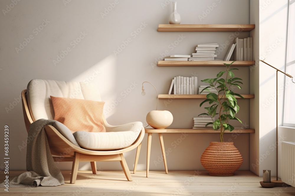 A sunlit reading corner with a comfortable chair, textured throw, and Scandinavian-inspired bookshelf, perfect for relaxation A sunlit reading corner with a comfortable chair, textured throw, and Scandinavian-inspired bookshelf, perfect for relaxation