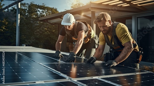 The aerial view of solar panel and engineer worker installing and checking maintain solar panel energy green system in the rooftop of building and home
