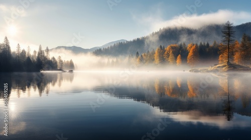 An alpine lake with mountains and trees, colorful reflections on the water, fog, mountains on the background, landscape photography, wallpaper
