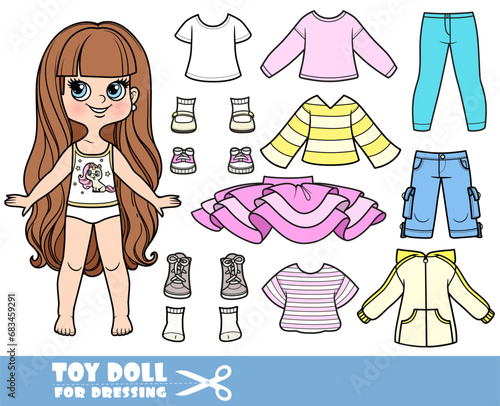 Cartoon long haired brunette girl and clothes separately - tutu skirt, long sleeve, shirt, shorts, jeans and sneakers doll for dressing