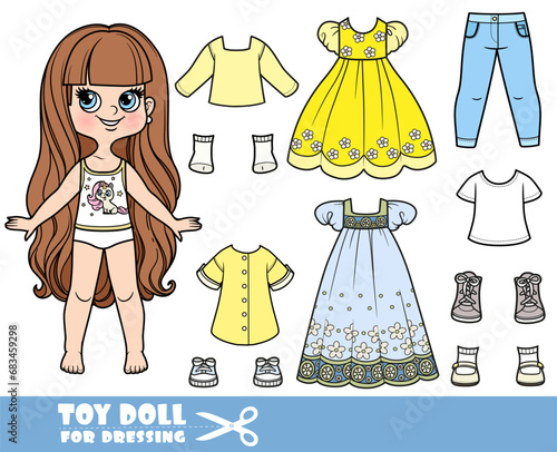 Cartoon long haired brunette girl and clothes separately - summer dresses, tunic, boots, long sleeve, jeans and sneakers doll for dressing