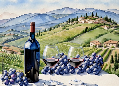 A bottle of grape wine on the background of fields and mountains. Watercolor drawing.