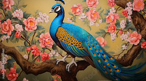 peacock on a branch HD 8K wallpaper Stock Photographic Image 