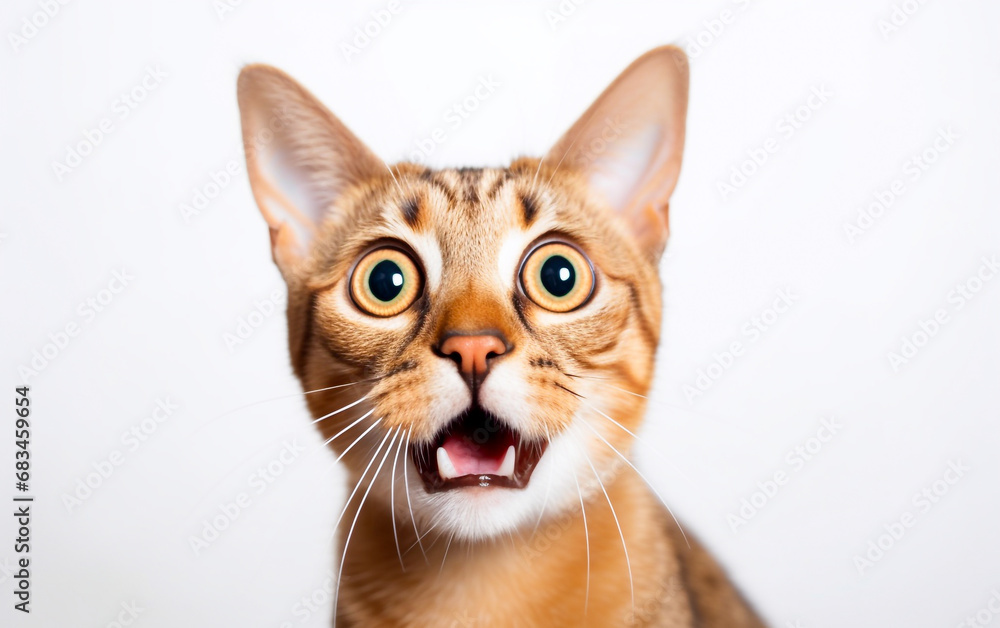 Tight close-up of a cat with shocked look, open mouth and big wide eyes. Isolated on white background Tight close-up of a cat with shocked look, open mouth and big wide eyes. Isolated on white background