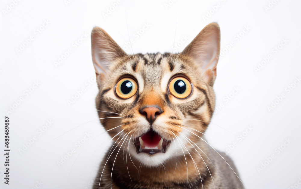 Tight close-up of a cat with shocked look, open mouth and big wide eyes. Isolated on white background