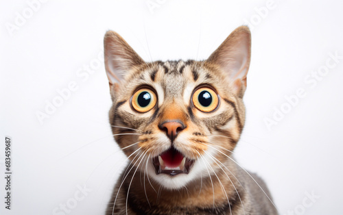 Tight close-up of a cat with shocked look, open mouth and big wide eyes. Isolated on white background © Giordano Aita