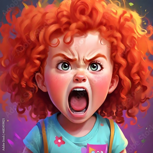 Angry girl with red curly hair. 3 year old ginger hair child screaming illustration