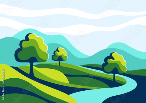 Geometric simple rural scene with trees and river