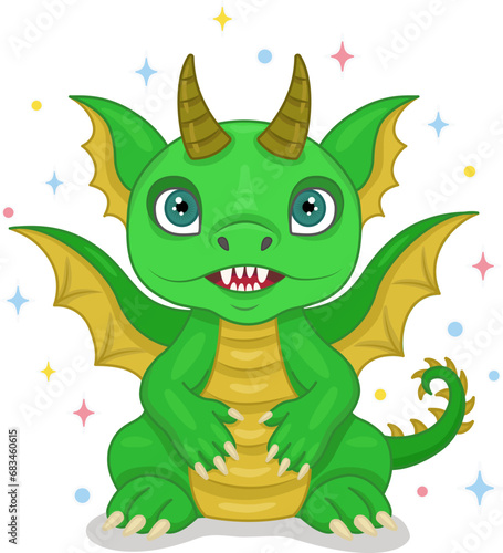 Vector illustration of a dragon.Cute fairy-tale dragon. A small green dragon or dinosaur, a cute character on a starry background. A fabulous monster. The symbol of 2024.