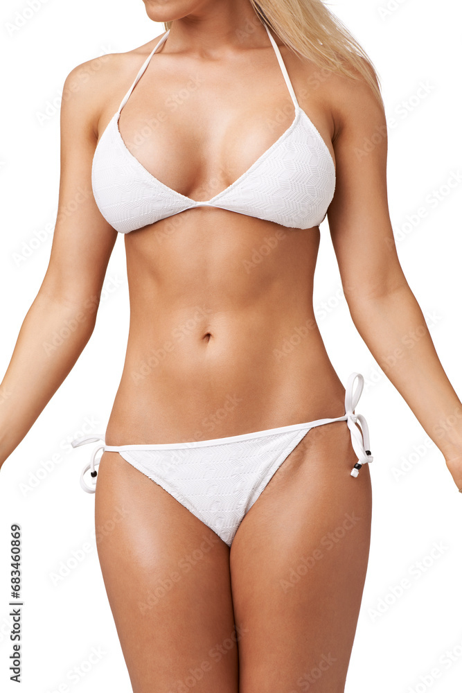 Bikini, stomach and body of woman in studio for lose weight, wellness and diet. Swimwear mockup, fitness and isolated person in summer style for vacation, holiday and health on white background