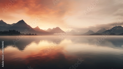 A sunset over a calm lake, colorful reflections on the water, mountains on the background, landscape photography, wallpaper