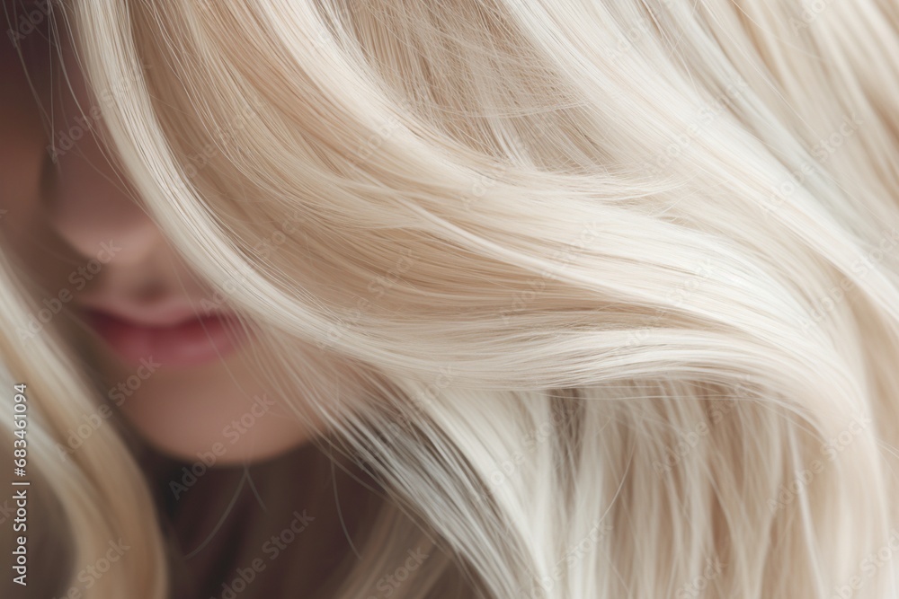 Naklejka premium Blond Hair very closeup view, hair closeup shoot, Women's long blonde hair. Beautifully styled wavy shiny curls
