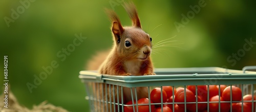 Squirrel in a shopping basket with red tomatoes