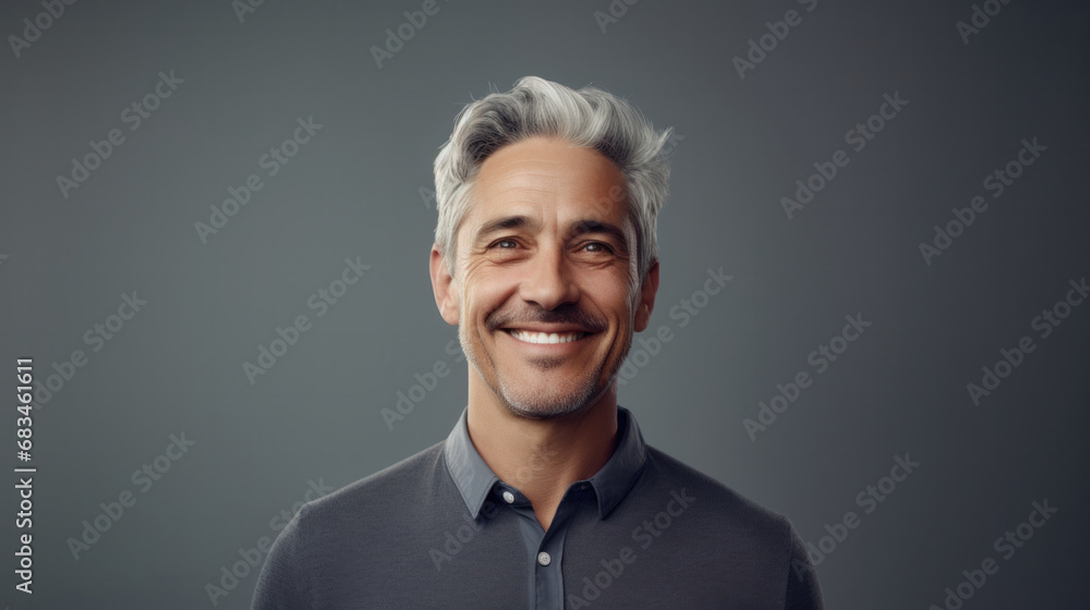 Charming mature man with silver hair smiling confidently, sporting a casual polo shirt on a smooth grey backdrop