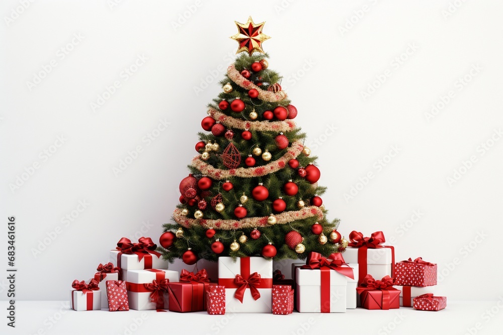 Christmas tree with red decorations gift box, Christmas tree and boxes on white background, Christmas decoration 