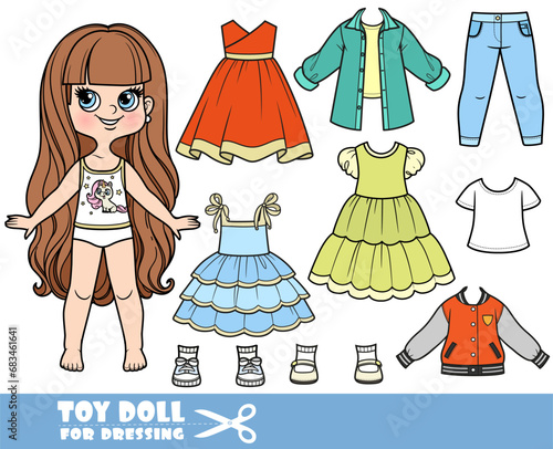 Cartoon long haired brunette girl and clothes separately - summer dresses, shirts, long sleeve, jeans and sneakers doll for dressing