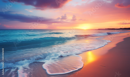 Sea sand sky concept, sunset colors clouds, horizon, horizontal background banner. Inspire nature landscape, beautiful colors, wonderful sun rays