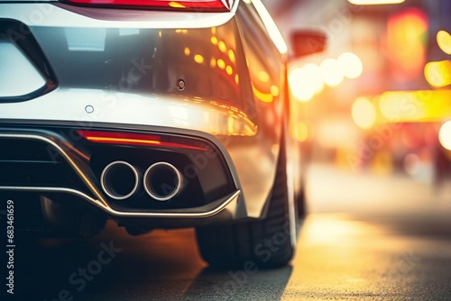 Close-up of stainless steel exhaust tip muffler pipe of a sports car. Dual exhaust at the back of black car, Sports car exhaust, sports car back © MH