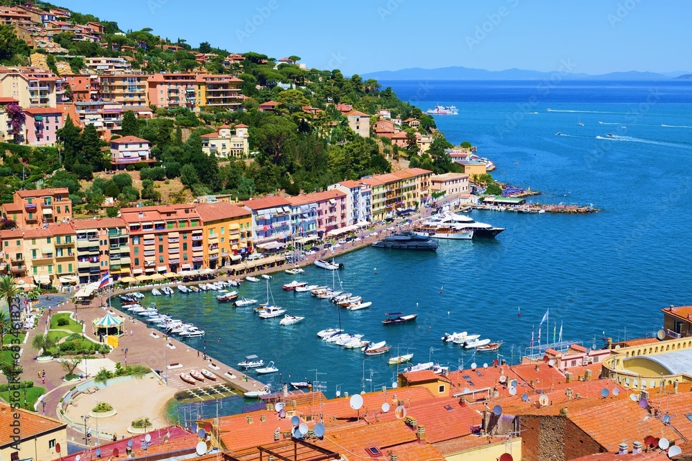 panorama from above of Porto Santo Stefano on the coast of Monte Argentario in Grosseto, Tuscany, Italy