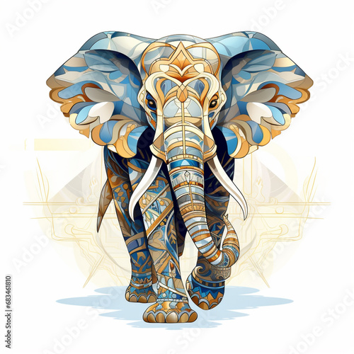 An elephant painted with ethnic patterns  in the style of light brown and dark aquamarine