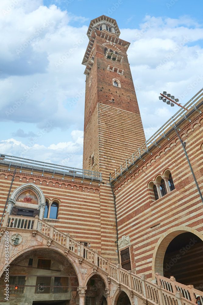 View into the inner courtyard of the city tower ( Torre dei Lamberti ) in Verona, Province of Veneto, Italy.