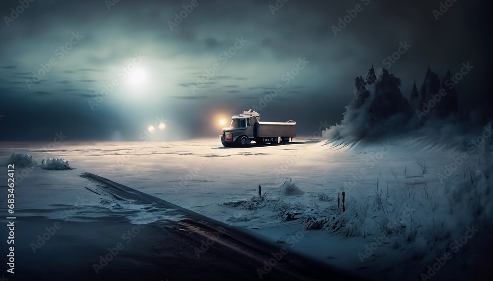 old truck in winter during night and fog suitable as background