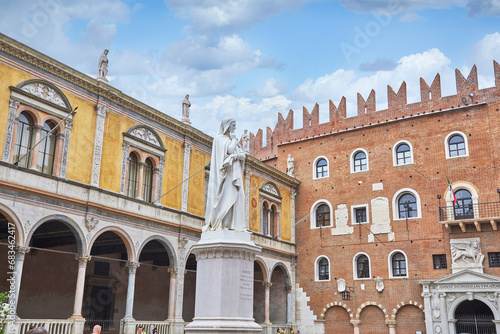 View of the beautiful Piazza dei Signori, with the Dante monument in Verona, Province of Veneto, Italy. 