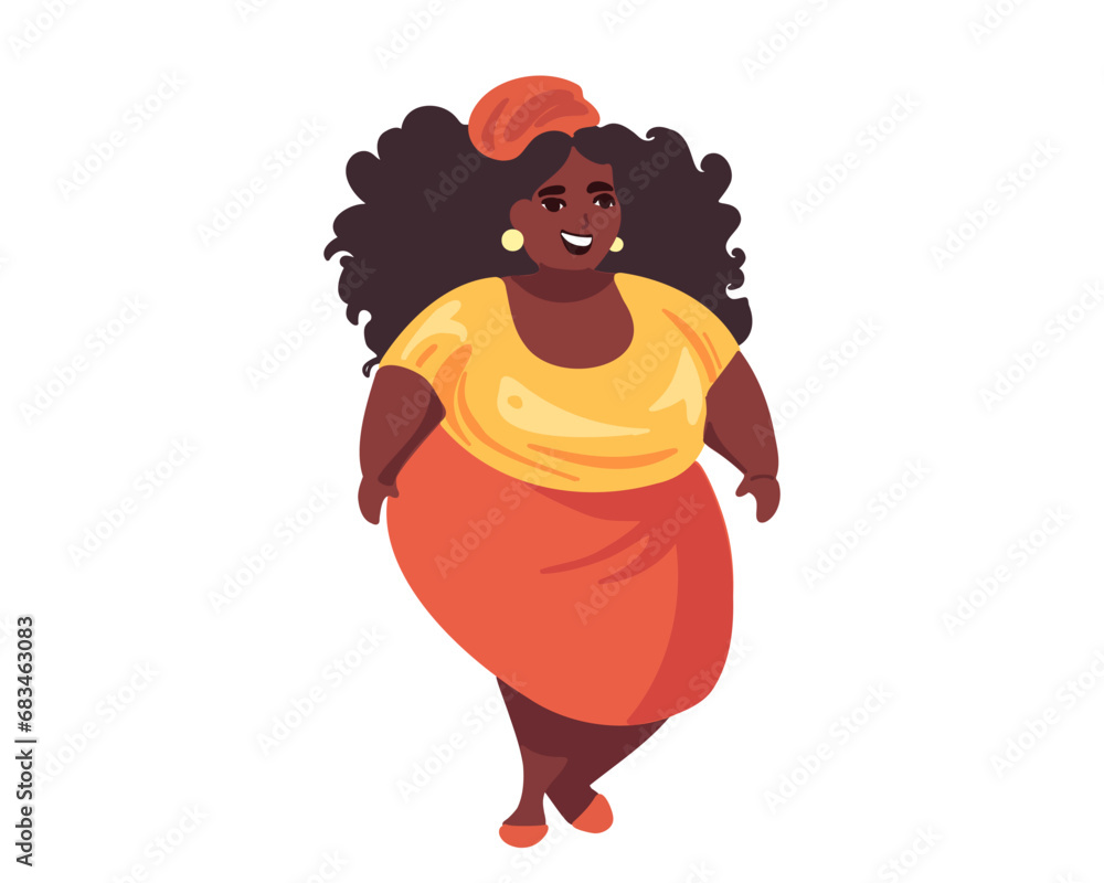 Happy fat African American woman, vector illustration in cartoon style