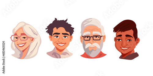 Set portrait, avatar of man, woman and teenage boys, vector in cartoon style