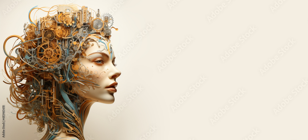 Woman with cogwheels brain, brainstorming and creativity concept, gear wheels rotation in artificial intelligence, engineering mind - obrazy, fototapety, plakaty 