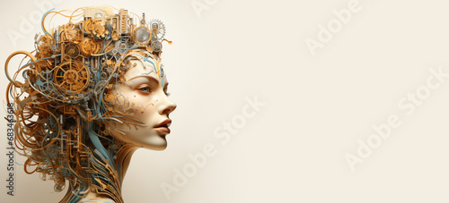 Woman with cogwheels brain, brainstorming and creativity concept, gear wheels rotation in artificial intelligence, engineering mind photo