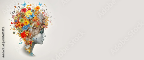 Woman with music notes and flowers, human brain, self care and mental health concept, sound therapy, creative mind,