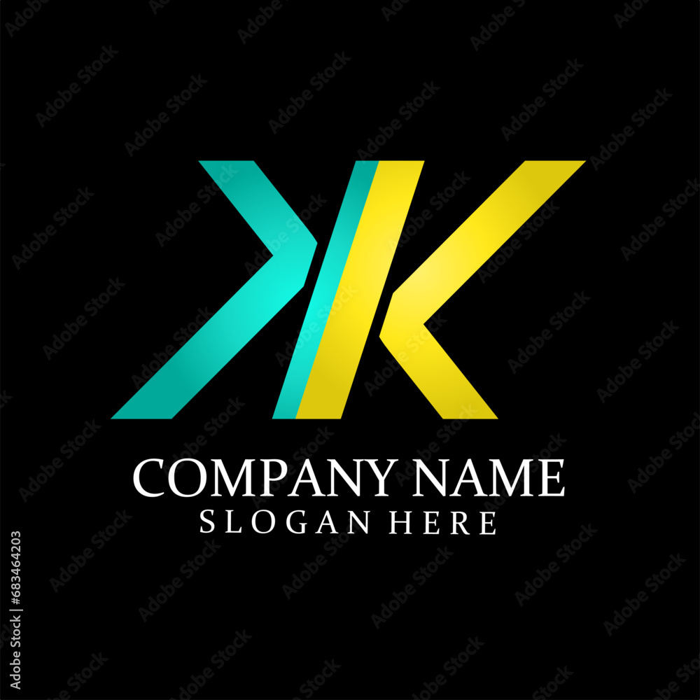 Gold and silver KK letters luxury logo design on simple black background