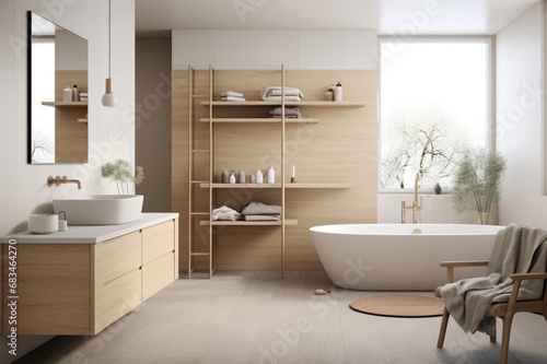Harmonious Scandinavian bathroom with clean lines  natural materials  and a touch of luxury