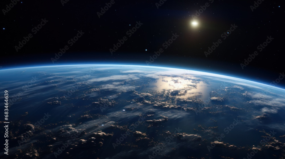  a view of the earth from space with a bright light shining on the horizon of the earth's horizon.