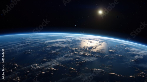  a view of the earth from space with a bright light shining on the horizon of the earth s horizon.