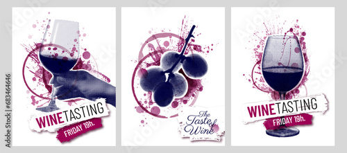Creative collage with hand and wine glass with red wine stains. Vector illustration. Retro style