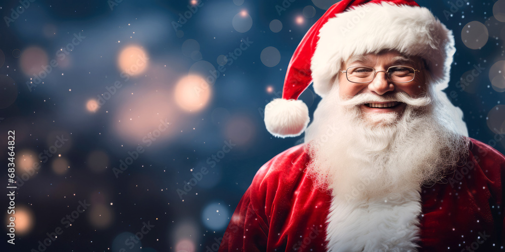 A Festive Close-Up of a Jolly Santa Claus in a Bokeh-Filled Banner. Space for text. A Festive Close-Up of a Jolly Santa Claus in a Bokeh-Filled Banner. Space for text.