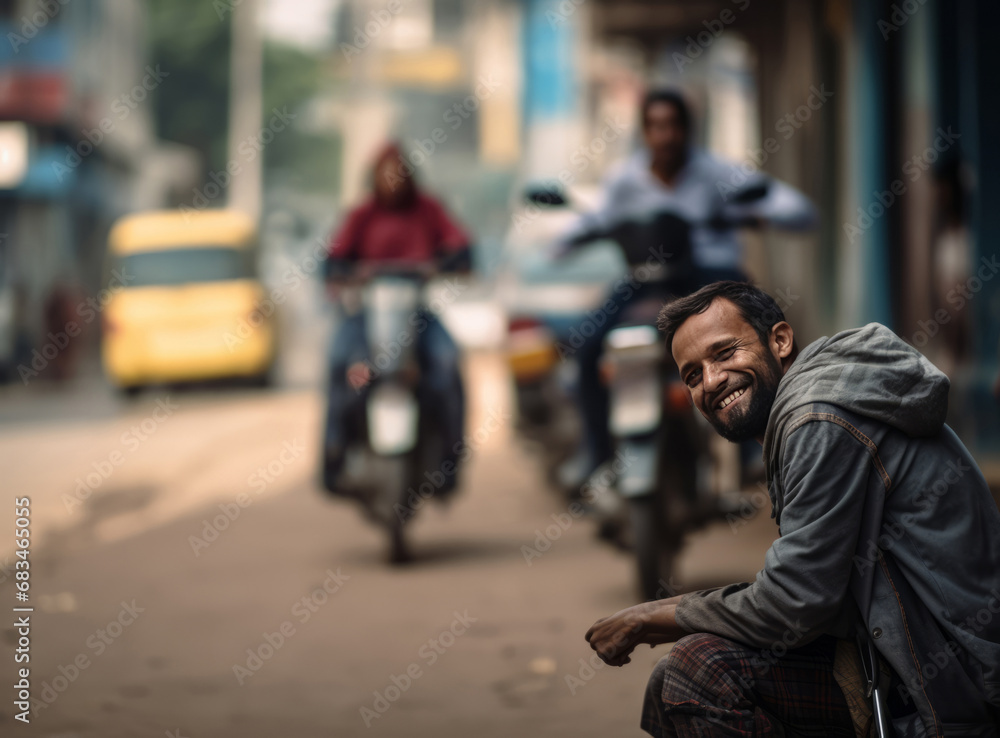 Resilient homeless man sitting on the side of a busy street in India, conveying a sense of loneliness and poverty. Resilient homeless man sitting on the side of a busy street in India, conveying a sense of loneliness and poverty.