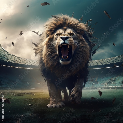 a lion running in a stadium